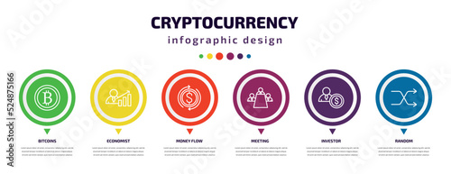 cryptocurrency infographic element with icons and 6 step or option. cryptocurrency icons such as bitcoins, economist, money flow, meeting, investor, random vector. can be used for banner, info