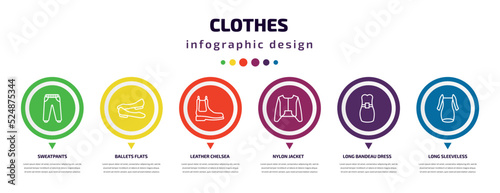 clothes infographic element with icons and 6 step or option. clothes icons such as sweatpants, ballets flats, leather chelsea boots, nylon jacket, long bandeau dress, long sleeveless dress vector.