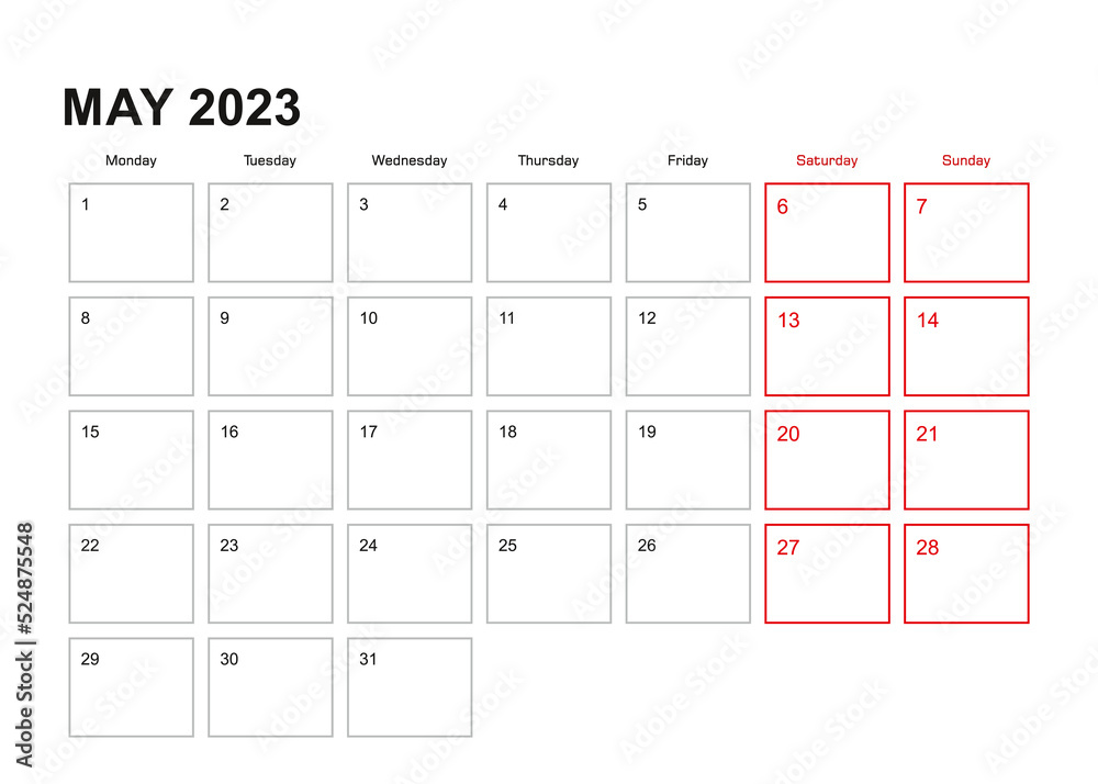 Wall planner for May 2023 in English language, week starts in Monday. Wall planner for May 2023 in English language, week starts in Monday.