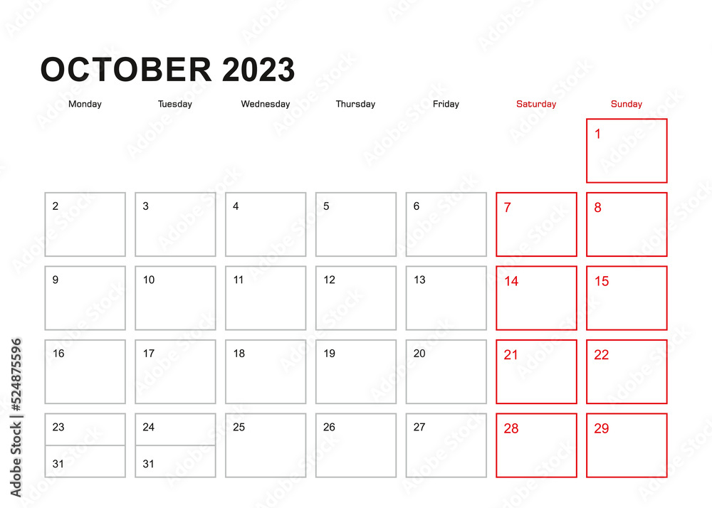 Wall planner for October 2023 in English language, week starts in Monday.