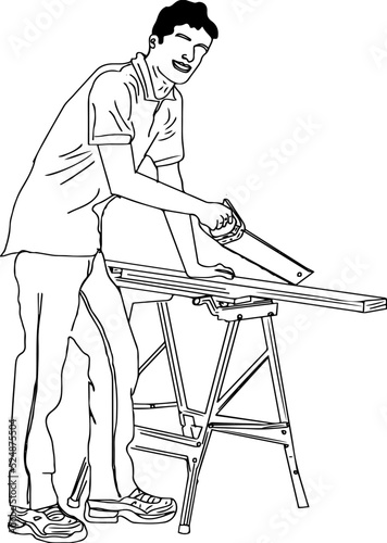 Carpenter man cartoon drawing, Wood carpenter sketch drawing, Carpenter line art vector silhouette, Carpentar cutting wood stock image photo