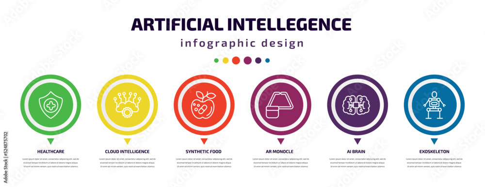 artificial intellegence infographic element with icons and 6 step or option. artificial intellegence icons such as healthcare, cloud intelligence, synthetic food, ar monocle, ai brain, exoskeleton artificial intellegence infographic element with icons and 6 step or option. artificial intellegence icons such as healthcare, cloud intelligence, synthetic food, ar monocle, ai brain, exoskeleton