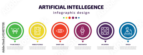 artificial intellegence infographic element with icons and 6 step or option. artificial intellegence icons such as fyling vehicle, mobile flexible display, smart lens, wristwatch, ar camera, speech