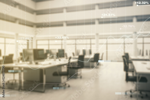 Multi exposure of stats data illustration on a modern furnished office background, computing and analytics concept