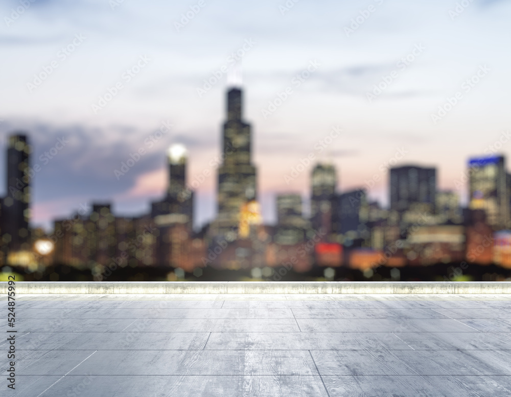 Empty concrete dirty rooftop on the background of a beautiful blurry Chicago city skyline at night, mockup Empty concrete dirty rooftop on the background of a beautiful blurry Chicago city skyline at night, mockup