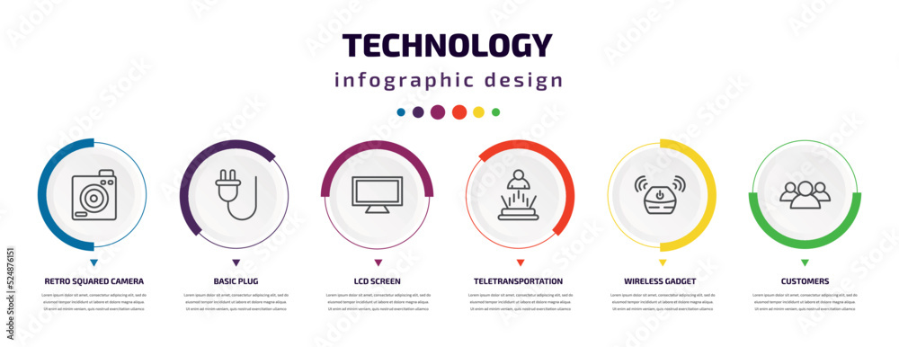 technology infographic element with icons and 6 step or option. technology icons such as retro squared camera, basic plug, lcd screen, teletransportation, wireless gadget, customers vector. can be technology infographic element with icons and 6 step or option. technology icons such as retro squared camera, basic plug, lcd screen, teletransportation, wireless gadget, customers vector. can be