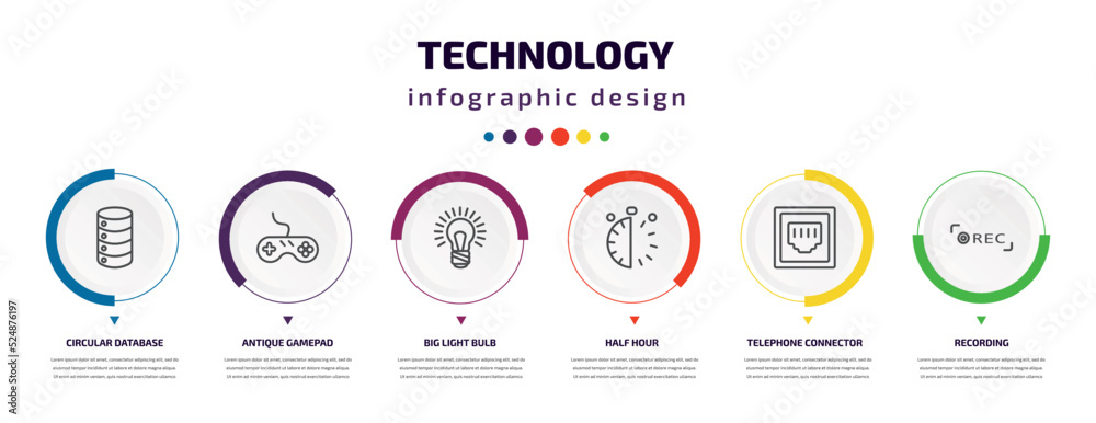 technology infographic element with icons and 6 step or option. technology icons such as circular database, antique gamepad, big light bulb, half hour, telephone connector, recording vector. can be technology infographic element with icons and 6 step or option. technology icons such as circular database, antique gamepad, big light bulb, half hour, telephone connector, recording vector. can be