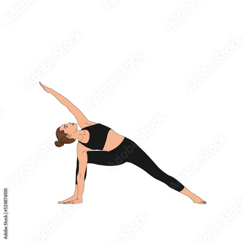 PNG Extended Side Angle / Utthita Parsvakonasana. Flexible beautiful slim girl woman practicing yoga exercise. The painting illustration poster of person doing yoga asana posture without background. photo