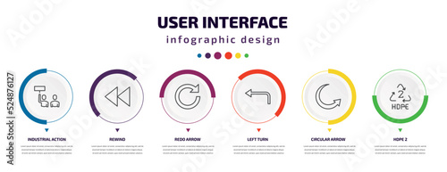 user interface infographic element with icons and 6 step or option. user interface icons such as industrial action, rewind, redo arrow, left turn, circular arrow, hdpe 2 vector. can be used for