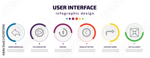user interface infographic element with icons and 6 step or option. user interface icons such as arrow address back, play video button, repaying, round left button, turn right arrow, exit full