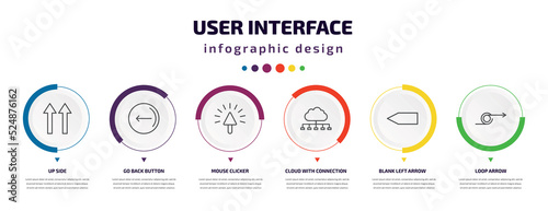 user interface infographic element with icons and 6 step or option. user interface icons such as up side, go back button, mouse clicker, cloud with connection, blank left arrow, loop arrow vector.