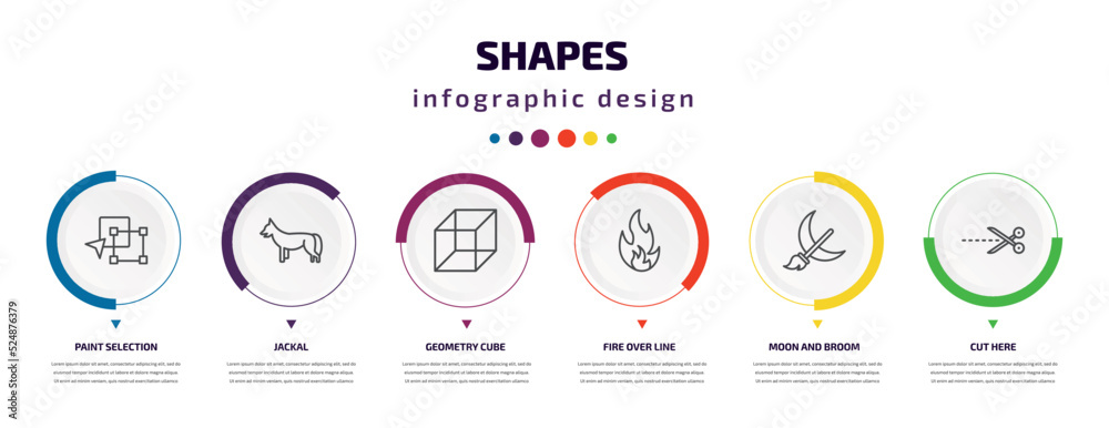 shapes infographic element with icons and 6 step or option. shapes icons such as paint selection, jackal, geometry cube, fire over line, moon and broom, cut here vector. can be used for banner, info shapes infographic element with icons and 6 step or option. shapes icons such as paint selection, jackal, geometry cube, fire over line, moon and broom, cut here vector. can be used for banner, info