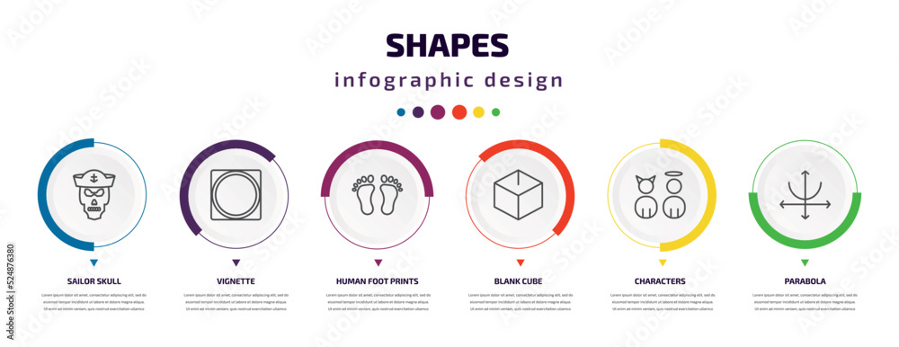 shapes infographic element with icons and 6 step or option. shapes icons such as sailor skull, vignette, human foot prints, blank cube, characters, parabola vector. can be used for banner, info shapes infographic element with icons and 6 step or option. shapes icons such as sailor skull, vignette, human foot prints, blank cube, characters, parabola vector. can be used for banner, info