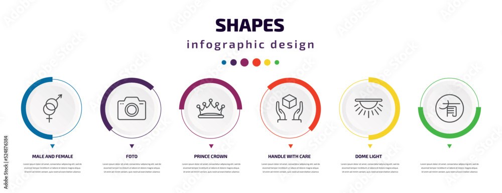 shapes infographic element with icons and 6 step or option. shapes icons such as male and female, foto, prince crown, handle with care, dome light, vector. can be used for banner, info graph, web, shapes infographic element with icons and 6 step or option. shapes icons such as male and female, foto, prince crown, handle with care, dome light, vector. can be used for banner, info graph, web,