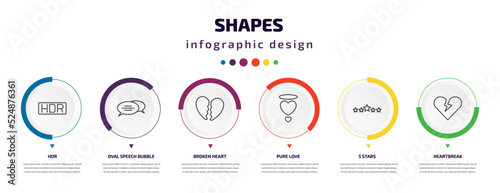 shapes infographic element with icons and 6 step or option. shapes icons such as hdr, oval speech bubble, broken heart, pure love, 5 stars, heartbreak vector. can be used for banner, info graph,