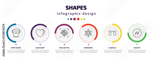 shapes infographic element with icons and 6 step or option. shapes icons such as empty bucket, black heart, focus button, framework, glowplug, hash key vector. can be used for banner, info graph,