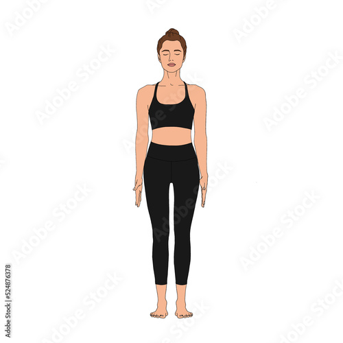 PNG Mountain Pose / Tadasana. Beautiful flexible fashion woman practicing doing yoga basic asana posture in black gym suit without background Illustration painting poster of person figure photo