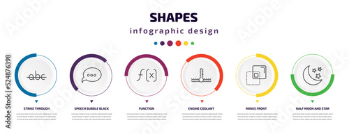 shapes infographic element with icons and 6 step or option. shapes icons such as strike through, speech bubble black, function, engine coolant, minus front, half moon and star vector. can be used
