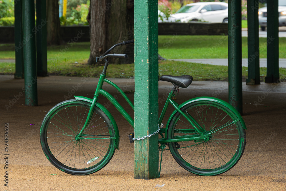 Fototapeta premium A vintage green bicycle locked with a steel chain to a green verticle post. Shot in the Toronto Beaches in August,