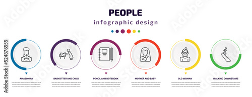 people infographic element with icons and 6 step or option. people icons such as amazonian, babysitter and child, pencil and notebook, mother baby, old woman, walking downstairs vector. can be used