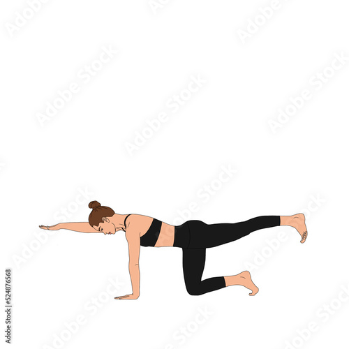 PNG Sunbird Pose / Chakravakasana. Stretching flexible woman practicing doing yoga asana in black gym suit. The cartoon painting illustration poster of person figure without background.