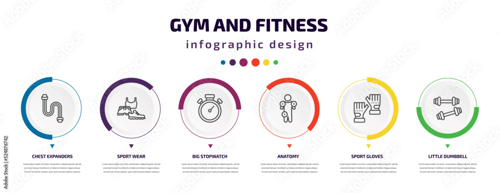 gym and fitness infographic element with icons and 6 step or option. gym and fitness icons such as chest expanders, sport wear, big stopwatch, anatomy, sport gloves, little dumbbell vector. can be gym and fitness infographic element with icons and 6 step or option. gym and fitness icons such as chest expanders, sport wear, big stopwatch, anatomy, sport gloves, little dumbbell vector. can be