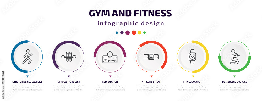 gym and fitness infographic element with icons and 6 step or option. gym and fitness icons such as stretching leg exercise, gymnastic roller, hydratation, athletic strap, fitness watch, dumbbells gym and fitness infographic element with icons and 6 step or option. gym and fitness icons such as stretching leg exercise, gymnastic roller, hydratation, athletic strap, fitness watch, dumbbells