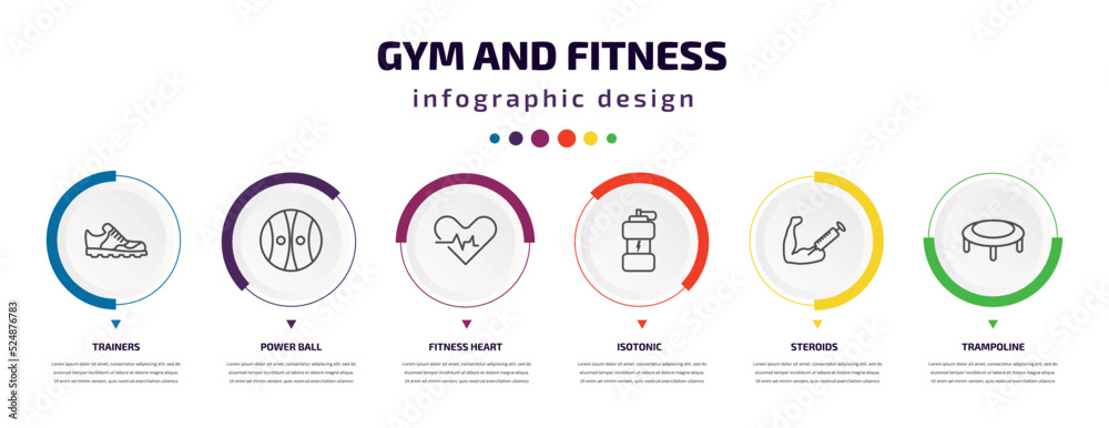 gym and fitness infographic element with icons and 6 step or option. gym and fitness icons such as trainers, power ball, fitness heart, isotonic, steroids, trampoline vector. can be used for banner, gym and fitness infographic element with icons and 6 step or option. gym and fitness icons such as trainers, power ball, fitness heart, isotonic, steroids, trampoline vector. can be used for banner,