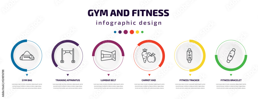 gym and fitness infographic element with icons and 6 step or option. gym and fitness icons such as gym bag, training apparatus, lumbar belt, carrot fitness tracker, bracelet vector. can be used for gym and fitness infographic element with icons and 6 step or option. gym and fitness icons such as gym bag, training apparatus, lumbar belt, carrot fitness tracker, bracelet vector. can be used for