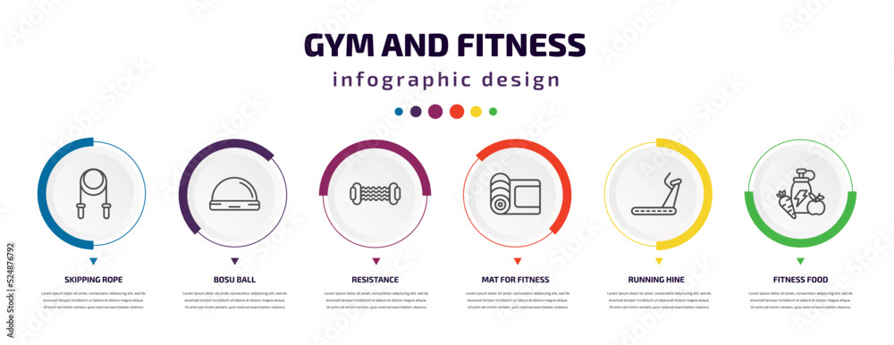 gym and fitness infographic element with icons and 6 step or option. gym and fitness icons such as skipping rope, bosu ball, resistance, mat for fitness, running hine, food vector. can be used for gym and fitness infographic element with icons and 6 step or option. gym and fitness icons such as skipping rope, bosu ball, resistance, mat for fitness, running hine, food vector. can be used for