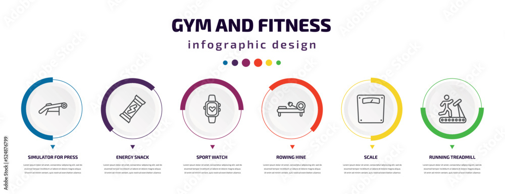 gym and fitness infographic element with icons and 6 step or option. gym and fitness icons such as simulator for press, energy snack, sport watch, rowing hine, scale, running treadmill vector. can gym and fitness infographic element with icons and 6 step or option. gym and fitness icons such as simulator for press, energy snack, sport watch, rowing hine, scale, running treadmill vector. can