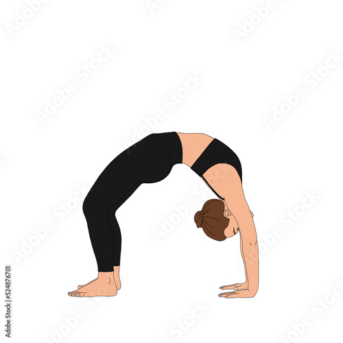 PNG Wheel Pose / Urdhva Dhanurasana or Chakrasana (upward facing dog). Flexible Woman doing practicing yoga asana in black gym suit. Fashion cartoon painting illustration poster without background. photo