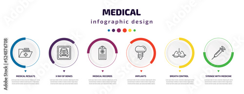 medical infographic element with icons and 6 step or option. medical icons such as medical results folders, x ray of bones, records, implants, breath control, syringe with medicine vector. can be
