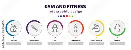 gym and fitness infographic element with icons and 6 step or option. gym and fitness icons such as good diet, arms extender, grip, stick man hoop, fitness nutrition, skip rope vector. can be used