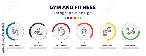 gym and fitness infographic element with icons and 6 step or option. gym and fitness icons such as chest expanders, sport wear, big stopwatch, anatomy, sport gloves, little dumbbell vector. can be
