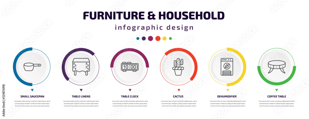 furniture & household infographic element with icons and 6 step or option. furniture & household icons such as small saucepan, table linens, table clock, cactus, dehumidifier, coffee table vector. furniture & household infographic element with icons and 6 step or option. furniture & household icons such as small saucepan, table linens, table clock, cactus, dehumidifier, coffee table vector.