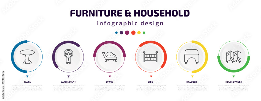 furniture & household infographic element with icons and 6 step or option. furniture & household icons such as table, adornment, divan, crib, hassock, room divider vector. can be used for banner, furniture & household infographic element with icons and 6 step or option. furniture & household icons such as table, adornment, divan, crib, hassock, room divider vector. can be used for banner,