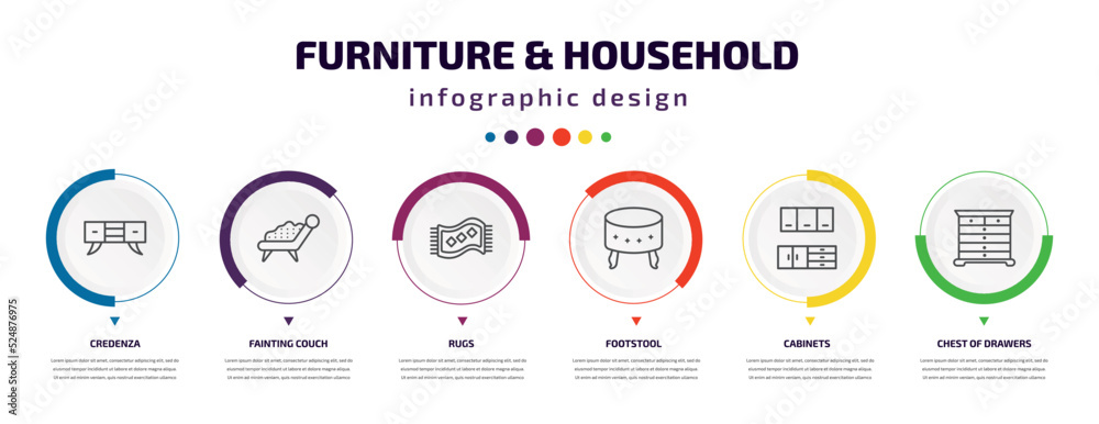 furniture & household infographic element with icons and 6 step or option. furniture & household icons such as credenza, fainting couch, rugs, footstool, cabinets, chest of drawers vector. can be furniture & household infographic element with icons and 6 step or option. furniture & household icons such as credenza, fainting couch, rugs, footstool, cabinets, chest of drawers vector. can be