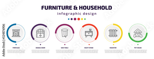 furniture & household infographic element with icons and 6 step or option. furniture & household icons such as fireplace, double door, side table, night stand, radiator, pet house vector. can be
