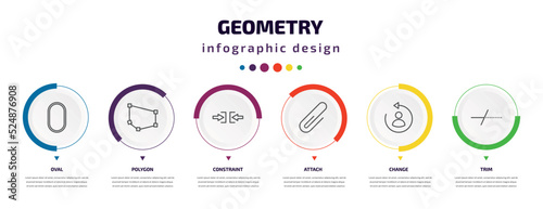 geometry infographic element with icons and 6 step or option. geometry icons such as oval, polygon, constraint, attach, change, trim vector. can be used for banner, info graph, web, presentations.
