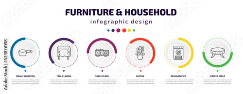 furniture & household infographic element with icons and 6 step or option. furniture & household icons such as small saucepan, table linens, table clock, cactus, dehumidifier, coffee table vector.