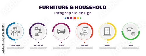furniture & household infographic element with icons and 6 step or option. furniture & household icons such as dining room, wall shelves, daybed, furniture, cabinet, towel vector. can be used for
