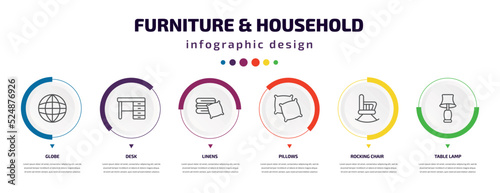furniture & household infographic element with icons and 6 step or option. furniture & household icons such as globe, desk, linens, pillows, rocking chair, table lamp vector. can be used for banner,
