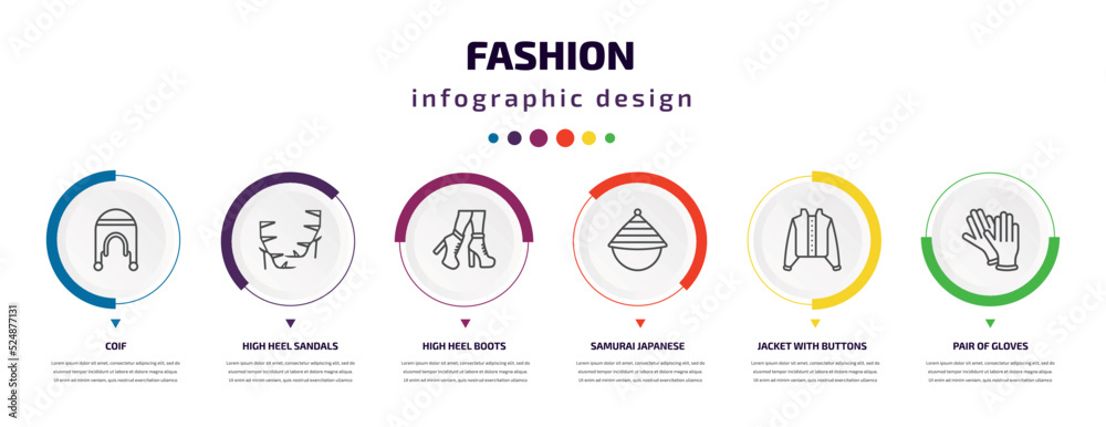 fashion infographic element with icons and 6 step or option. fashion icons such as coif, high heel sandals, high heel boots, samurai japanese hat, jacket with buttons, pair of gloves vector. can be fashion infographic element with icons and 6 step or option. fashion icons such as coif, high heel sandals, high heel boots, samurai japanese hat, jacket with buttons, pair of gloves vector. can be