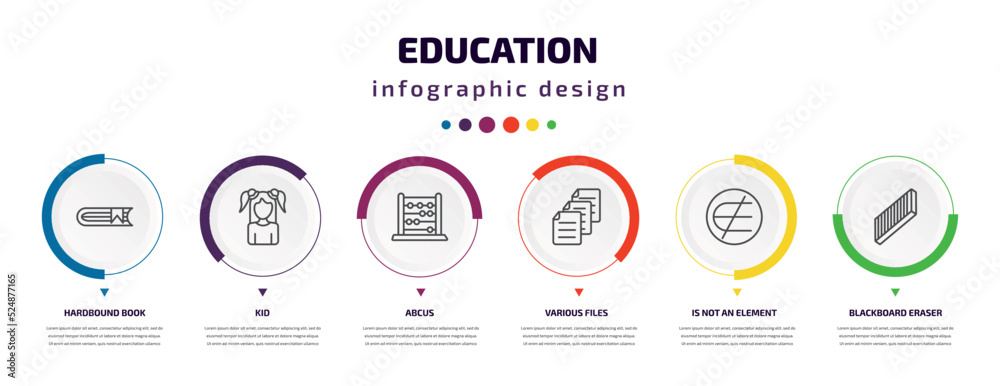 education infographic element with icons and 6 step or option. education icons such as hardbound book, kid, abcus, various files, is not an element of, blackboard eraser vector. can be used for education infographic element with icons and 6 step or option. education icons such as hardbound book, kid, abcus, various files, is not an element of, blackboard eraser vector. can be used for