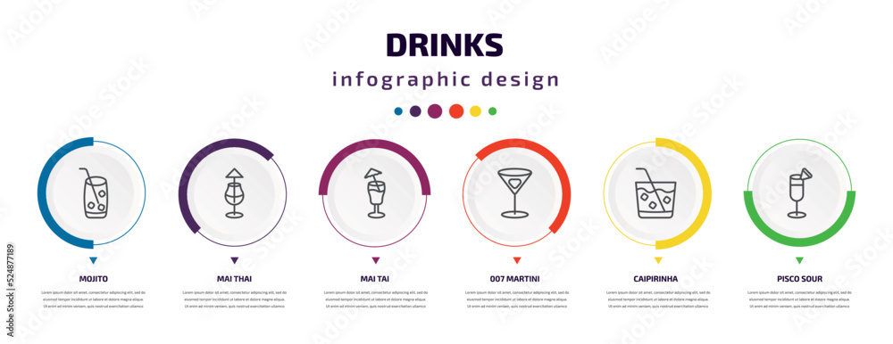 drinks infographic element with icons and 6 step or option. drinks icons such as mojito, mai thai, mai tai, 007 martini, caipirinha, pisco sour vector. can be used for banner, info graph, web, drinks infographic element with icons and 6 step or option. drinks icons such as mojito, mai thai, mai tai, 007 martini, caipirinha, pisco sour vector. can be used for banner, info graph, web,