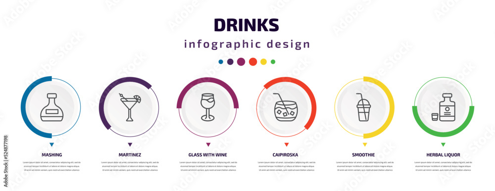 drinks infographic element with icons and 6 step or option. drinks icons such as mashing, martinez, glass with wine, caipiroska, smoothie, herbal liquor vector. can be used for banner, info graph, drinks infographic element with icons and 6 step or option. drinks icons such as mashing, martinez, glass with wine, caipiroska, smoothie, herbal liquor vector. can be used for banner, info graph,