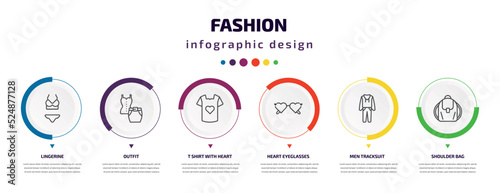 fashion infographic element with icons and 6 step or option. fashion icons such as lingerine, outfit, t shirt with heart, heart eyeglasses, men tracksuit, shoulder bag vector. can be used for