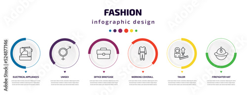 fashion infographic element with icons and 6 step or option. fashion icons such as electrical appliances, unisex, office briefcase, working coverall, tailor, firefighter hat vector. can be used for