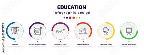 education infographic element with icons and 6 step or option. education icons such as swinging, agenda with bookmarks, studying glasses, reading an open book, classroom globe, writing whiteboard